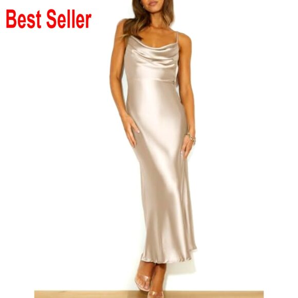 Satin Spaghetti Strap Cowl Neck Backless Midi Dress Ruched Cocktail - Picture 4 of 5